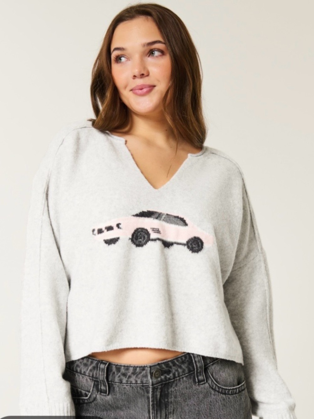 Hollister NWT Oversized Crop Gray Comfy Cloud Graphic Notch Neck Sweater size XS
